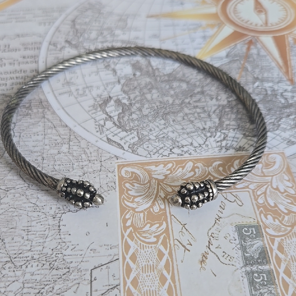Twisted Silver Cable Open Cuff Bracelet with Beaded End Caps